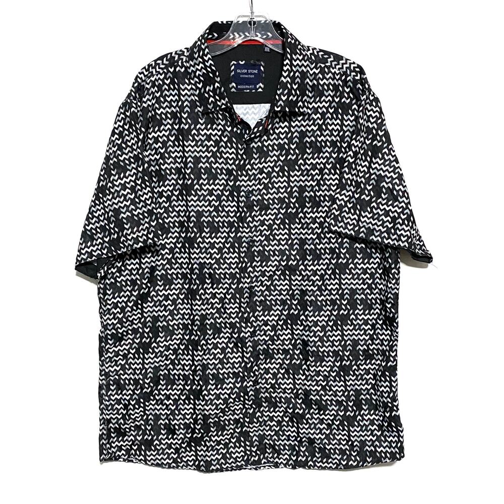 Silver Stone Geometric Black White Button Shirt Mens XXXL Art Deco Statement